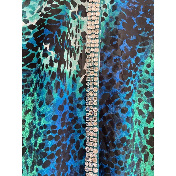 Chico's NWT Watercolor Spots Rhinestone Trim Sheer Blouse Women's 2 L Teal Blue - Picture 5 of 11